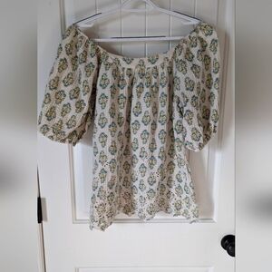 Solitaire Crochet Hem Beige Green Puff Sleeve Blouse Boho Size Medium